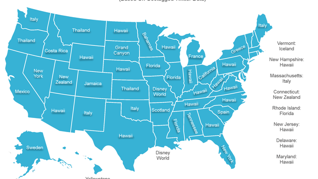 Map of the United States, most mentioned travel destinations