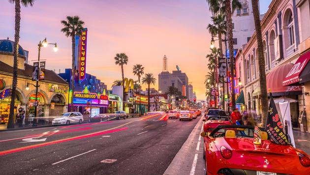 Hollywood Boulevard in Los Angeles at dusk